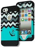 Bastex Heavy Duty Hybrid Case for iPhone 5, 5S, 5th Generation - Black Silicone / Teal Chevron with Anchor Design Hard Shell