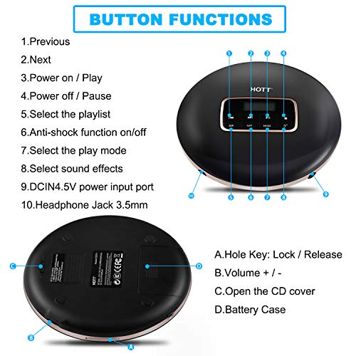 Portable CD Player, HOTT Personal Compact Disc CD Player with Headphones, Anti-Skip/Shockproof Protection Small Music CD Walkman MP3 Players with LCD Display for Adults Students Kids, Gift for Car Use