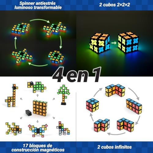Magnet Fidget Spinner Glow - 16 Bloques: Spinner transformable, Cubo Infinito y Rompecabezas magnético, Luminoso, Regalo de cumpleaños para niños y Adultos, Juguete sensorial Stem