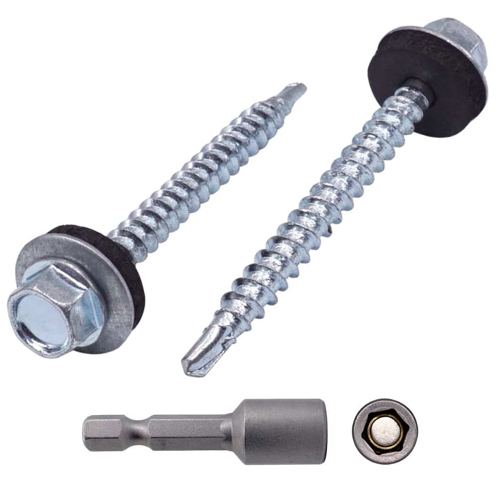 (Pack of 30 pcs) DIN 7504-K Zinc Plated Steel 4.8 x 50 mm Self-Drilling Screws With EPDM Washers, Hex Washer Head, Sheet Metal Screw, Self Tapping (30, 4.8 x 50 mm)