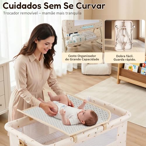 OLANENEM 6 em 1 Berço Portátil, Moises para bebe com Fraldário e Mosquiteiro, Acoplado à Cama com Suporte Triangular de Aço Carbono, 6 Alturas e Inclinação Antirrefluxo 5°(Bege)