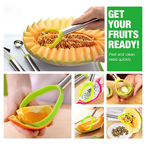 4 pcs Watermelon Windmill Cutter Kit, MYRIANN Stainless Steel Fruit Slicer, Carving Knife, Peeler, Knife Tongs and Melon Baller, Security Vegetable tools Kitchen Gadgets FDA Approved