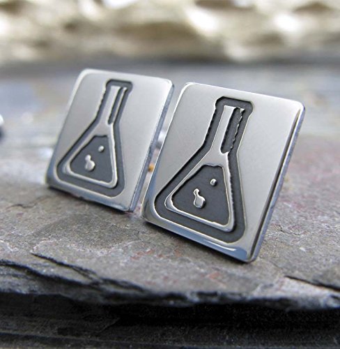 Science geek earrings labratory flask beaker sterling silver post studs. Handmade in the USA