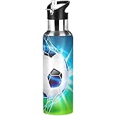 Soccer Ball on Field Water Bottle Kids Insulated Football Boys Girls Stainless Steel Hot Cold Water Flask with Straw Lid for Sports Gym 20 oz