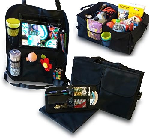 The Haultidy Premium 3 Piece Car Organization System - Foldable Trunk Organizer Velcro Floorboard Insert, Backseat Organizer with Pocket for 10.1 inch Tablet or IPad and Bonus Sun Visor Organizer