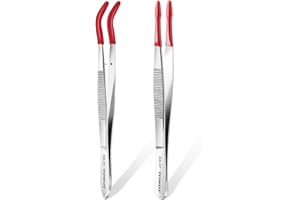 TOWOT 2 PCS Rubber Tipped Tweezers, PVC Rubber Coated, Stainless Steel, Bent & Straight Tips, Red