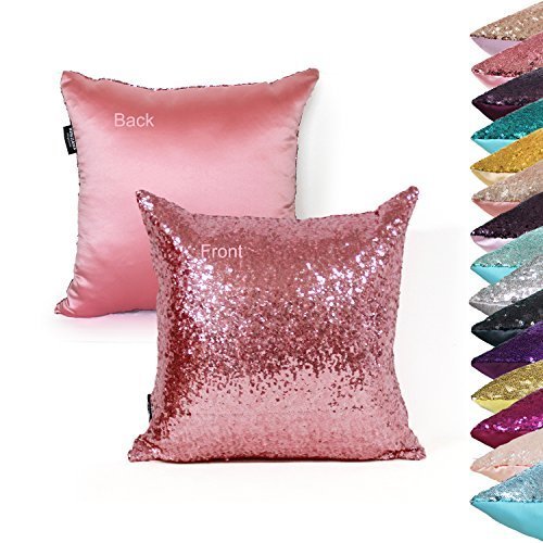 AMAZLINEN(TM) Decorative Glitzy Sequin & Comfy Satin Solid Throw Pillow Cover 18 Inch Square Pillow Case, Hidden Zipper Design, 1 Cover Pack Only(Pink)