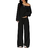TDCoool Two Piece Matching Lounge Sets For Women Vacation Airport Fall Outfits Off Shoulder Sweatshirt Wide Leg Sweatpant Set