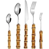 bamboo flatware sets, bamboo handle cutlery set, household kitchen utensil flatware sets for 6, recommend Hand Washing (30 pi