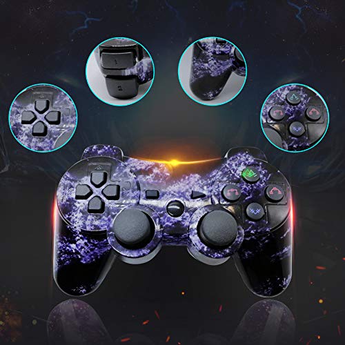 ISHAKO Double Shock PS3 Controller Wireless 2 Pack Bluetooth 6-Axis Gamepad Remote for Playstation 3 with Charge Cable (Purple Cloud + Bronze)