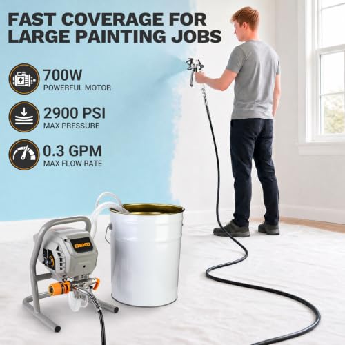DEKO Pistola per Verniciare Airless 700W 2900PSI, Portata 1,2L/min, Spruzzatore Elettrico Multiuso con Tubo da 7,5M, 2 Prolunghe e Ugelli 311/515 per Pareti, Mobili e Metallo