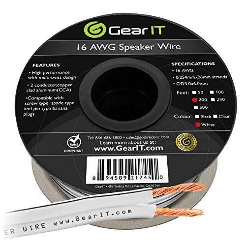 16AWG Speaker Wire, GearIT Pro Series 16 Gauge Speaker Wire Cable (200 Feet / 60.96 Meters) Great Use for Home Theater Speakers and Car Speakers, White