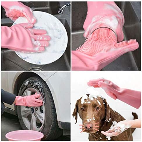 Three Secondz Silicone Gloves with Wash Scrubber, Reusable Brush Heat Resistant Gloves Kitchen Tool for Cleaning, Dish Washing, Washing The Car, Pet Hair Care - 1 Pair (Random Color Free Size)