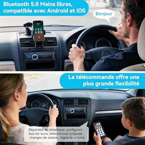 Autoradio Bluetooth, Wistrue Poste Radio Voiture Bluetooth avec Main Libre, FM 1 DIN Autoradio avec Port de Charge USB (2.1A), Lecteur MP3 et 2 USB/AUX/SD, Supporte WMA/WAV