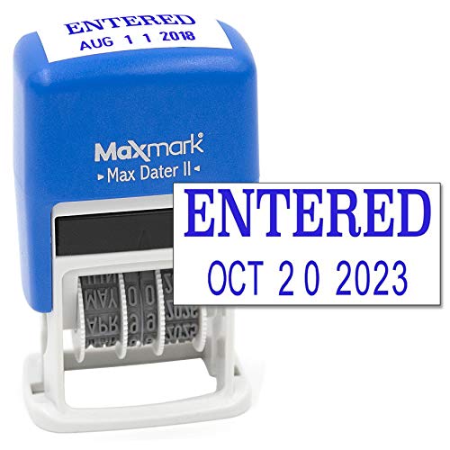 MaxMark Self-Inking Rubber Date Office Stamp with Entered Phrase & Date - Blue Ink (Max Dater II), 12-Year Band