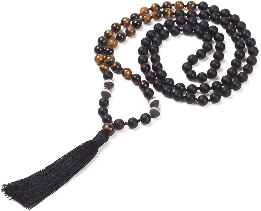 108 Mala Beads Necklace Natural Healing Energy Gemstone Charm Jewelry for Buddhist Prayer Rosary Meditation Hand Knitted Beaded Tassel Necklace
