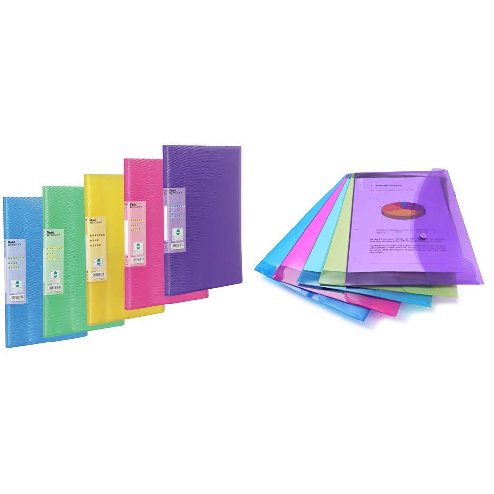 Pentel Display Book Vivid, 30 pockets, A4 size , Pack of 5 assorted coloured folders &Rapesco 0688 A4/Foolscap Plastic Popper Wallet, Transparent Assorted Colours, Pack of 5
