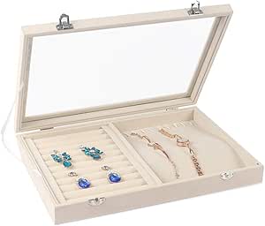 FIONAT Organizadores Y Cajas para Joyas Aretes De Gamuza Beige De Doble