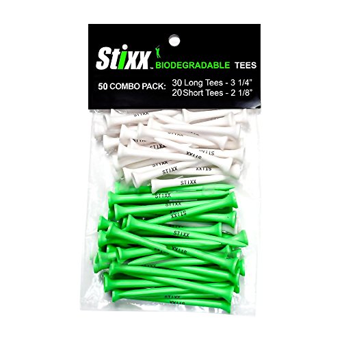 STIXX Biodegradable Golf Tees - Hard & Durable - 30 Green Long Tees - 3 1/4 and 20 White Short Tees - 2 1/8. Best for All Over Sized Drivers, Irons & Hybrids. Longer Drives & Lower Scores