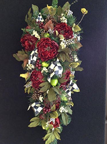 MacKenzie-Child Inspired Swag. Tear drop Swag 34inch long. Beautiful ruby Red with Courtly Check Ribbons