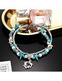 Yaomiao - Tobilleras de playa con diseño de tortuga de estrella de mar azul y cadena de tobillo ajustable para mujeres y niñas