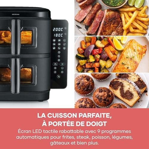Friteuse à air chaud S-Fry Duo Stack, Air fryer 9 programmes, Friteuse sans huile avec 2 paniers empilés de 5,5 L chacun sans PFAS, Multicuiseur à écran tactile, Noir, FR 9598