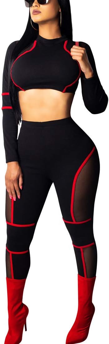BORIFLORS Women's Sexy 2 Piece Outfits Club Jumpsuit Long Sleeve Crop Top and Pants Set
