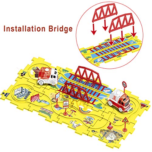 BOBXIN DIY Puzzle Tracks Car Glow in The Dark Play Set Fire Truck Themed Style Vehicle Interchangeable Tracks 18 Pieces Sets for Kids 3 4 5 6 Years Old