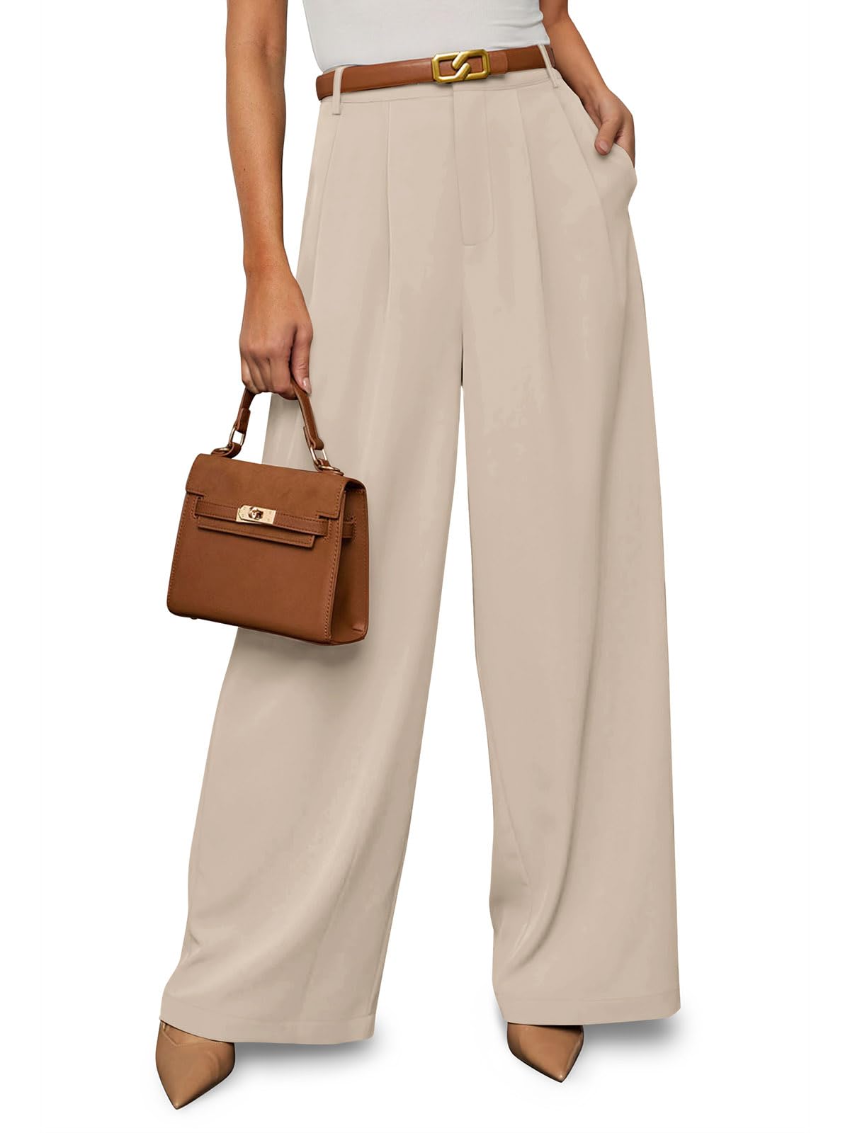 Photo 1 of NIMIN Wide Leg Pants Woman Business Casual High Waisted Palazzo Pants Dressy Work Office Tailored Trousers 2025 Summer Outfits with Pockets Apricot SMALL