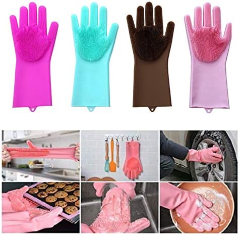 Raj Royal Reusable Heat Resistance and Water-Proof Dish Washing Silicon Hand Gloves with Scrubber for Kitchen Cleaning, Utensils, Bath and Pet Hair Care, Multicolour