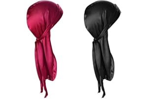 Umallix 2 PCS Long Tail Durag, Unisex Silk Durag 360 Waves Headwraps Wide Straps Pirate Hair Loss Chemo Cap Bandana Turban Ha