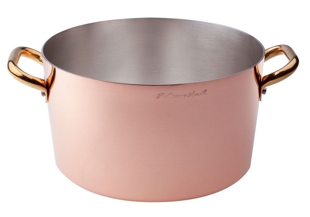 Pentole Agnelli ALCU10432 High Casserole, Hand-Tinned Smooth Copper, with Two Brass Handles, 32 cm