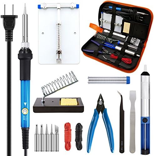 Soldering Iron Kit 60W Adjustable Temperature Welding Tool, Desoldering Pump, Soldering Iron Stand, PCB Circuit Board Holder, Cutter Plier, 5pcs Soldering Tips, for Phone Repairs and Electronics Proje