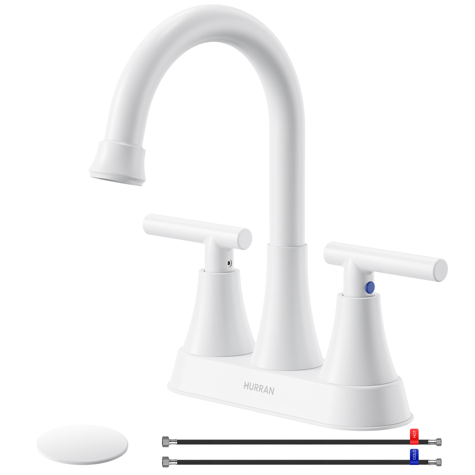 Bathroom Faucets for Sink 3 Hole, Hurran 4 inch Bathroom Sink Faucet with Pop-up Drain and Supply Hoses, Stainless Steel Lead-Free Centerset Faucets for Sink Vanity RV, White Image