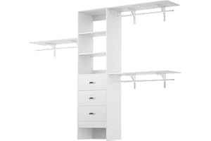 iSunirm 8FT Closet System, 96'' Closet Organizer System with 3 Hanging Rods, Wall Mount Bedroom Wardrobe with 3 Drawers Walk-in Closet, Adjustable Cloth Garment Rack from 5 to 8FT (Cut to Fit), White