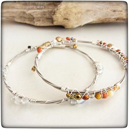 Musically Inspired Wire Wrapped Guitar String Bangle Bracelet Set - Czech Crystal - Moonstone - Collectable - Stackable - Vegan - Eco Friendly - Ready to ship