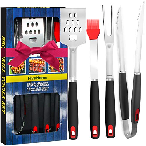 FiveHome BBQ Grill Tools Set 4-Piece,Premium Extra Thick Stainless-Steel Grill Tools With Heat-Resistant Plastic Handle + Gift Box