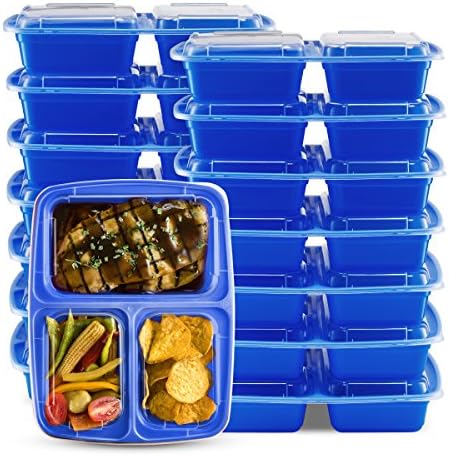 Glomery 3 Compartment Reusable Bento Lunch and Food Storage Container with Airtight Lid, Stackable, Microwavable, Freezer &amp; Dishwasher Safe Blue, 14 Pack