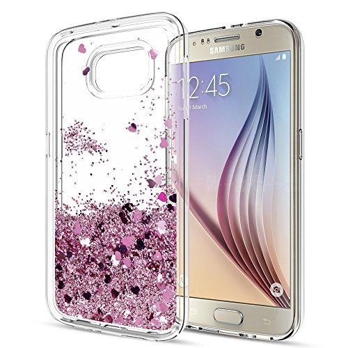 S6 Case,Galaxy S6 Liquid Case with HD Screen Protector for Girls Women,LeYi Cute Design Shiny Glitter Moving Quicksand Clear TPU Protective Phone Case Cover for Samsung Galaxy S6 ZX Rose Gold