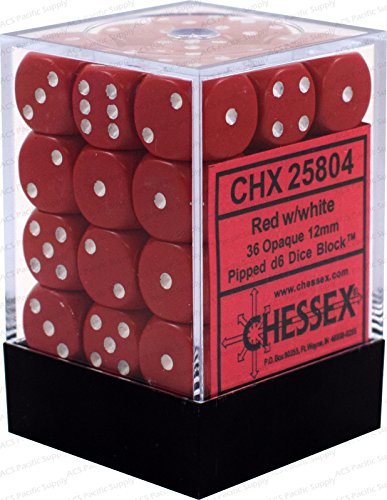 Chessex Manufacturing 25804 Opaque Red With White - 12 mm Six Sided Dice Set Of 36