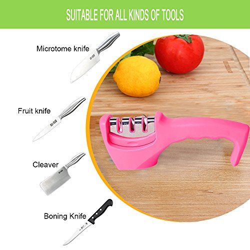 LetGoShop Kitchen Knife Sharpener for Straight and Serrated Knives, 3 Stage Diamond Coated Sharpening Wheel System, Pink…