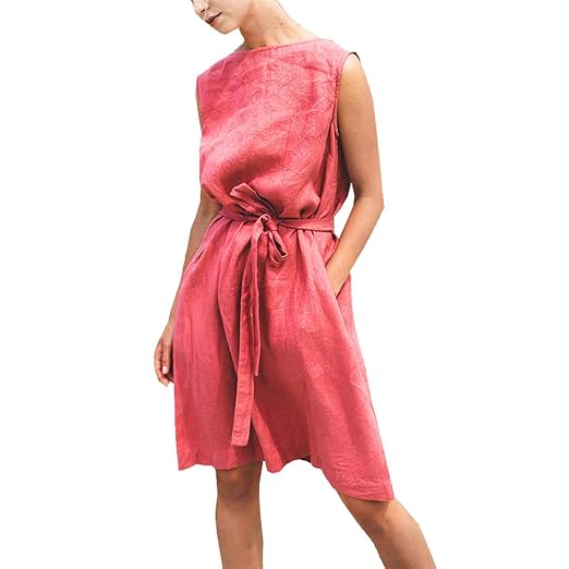 IZZB Mode Damen Sommer Partykleid O-Ausschnitt ärmellose Feste Bandage Baumwolle Leinen lässig Freizeitkleid Abendkleid Cockt
