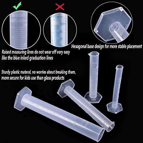 5 Sizes Clear Plastic Graduated Cylinders (10 25 50 100 250ml) 5 Pack Plastic Beakers Set- 50, 100, 250, 500, 1000ML - Thumbnail 4