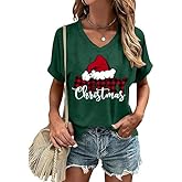 Christmas Shirts for Women V Neck Merry Christmas Graphic Tee Funny Xmas Tshirt Holiday Casual Short Sleeve Tops