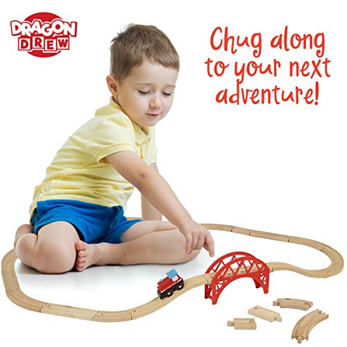 Dragon Drew 24 Piece Wooden Train Set - Compatible with Brio, Thomas, Chuggington and All Major Brands – Accessories and Expansion Kit Includes 22 Tracks, a Bridge and 1 Engine Car