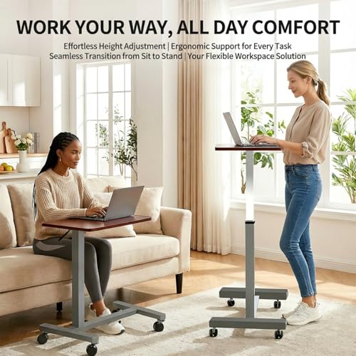 Adjustable Overbed Table with Wheels, Pneumatic Height Lift Rolling Bedside Table, Standing Desk for Home & Office Use, Ideal for Seniors & Limited Mobility(Walnut Brown)
