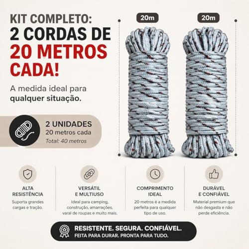 Kit 2 Cordas Varal Multiuso 20m Cada Nylon Alta Resistencia Para Camping Amarracao Escalada Corda Textil