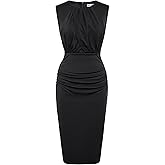 Summer Formal Cocktail Dress for Women Elegant Sleeveless Front Drape Ruched Dress Crew Neck Midi Bodycon Dress Black XL