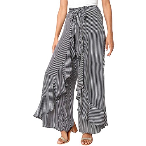 ManxiVoo Striped Ruffles Wide Leg Pants with Belt,Women's Loose High Waist Drawstring Flare Palazzo Long Trousers (Black, XL)