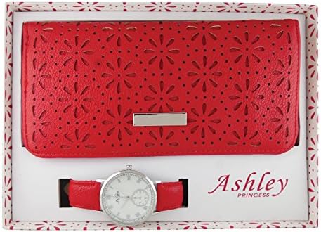 Beautiful Spring Summer Floral Wallet!! Perfect for Mother's Day!!! Elegant Soft Women's Floral Design Wallet with Sleek Easy Reader Bling Dial Watch Gift Set - ST10203 Red